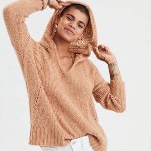 American Eagle Brown V-Neck Chunky Pullover Hoodie Sweater Women's Sz Small
